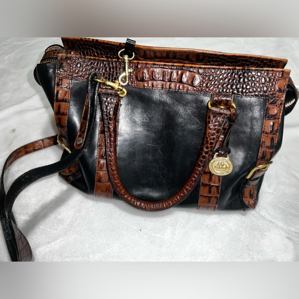 (SOLD)Brahmin Boston handbag Italian glazed black leather brown